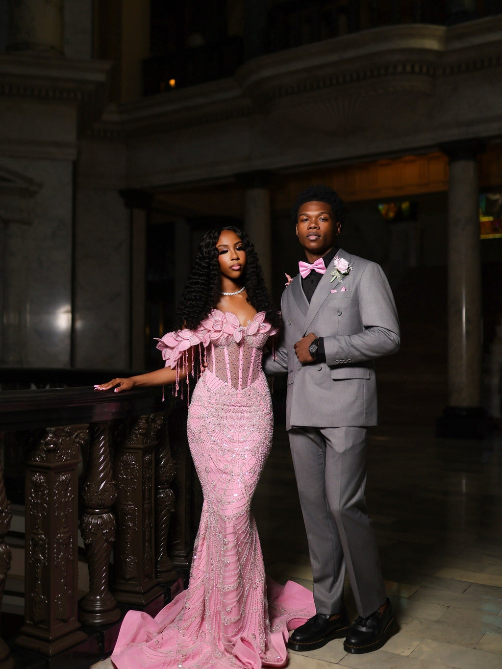 Pink Off Shoulder Sequin Beaded Mermaid Prom Dress With 3D Floral Details