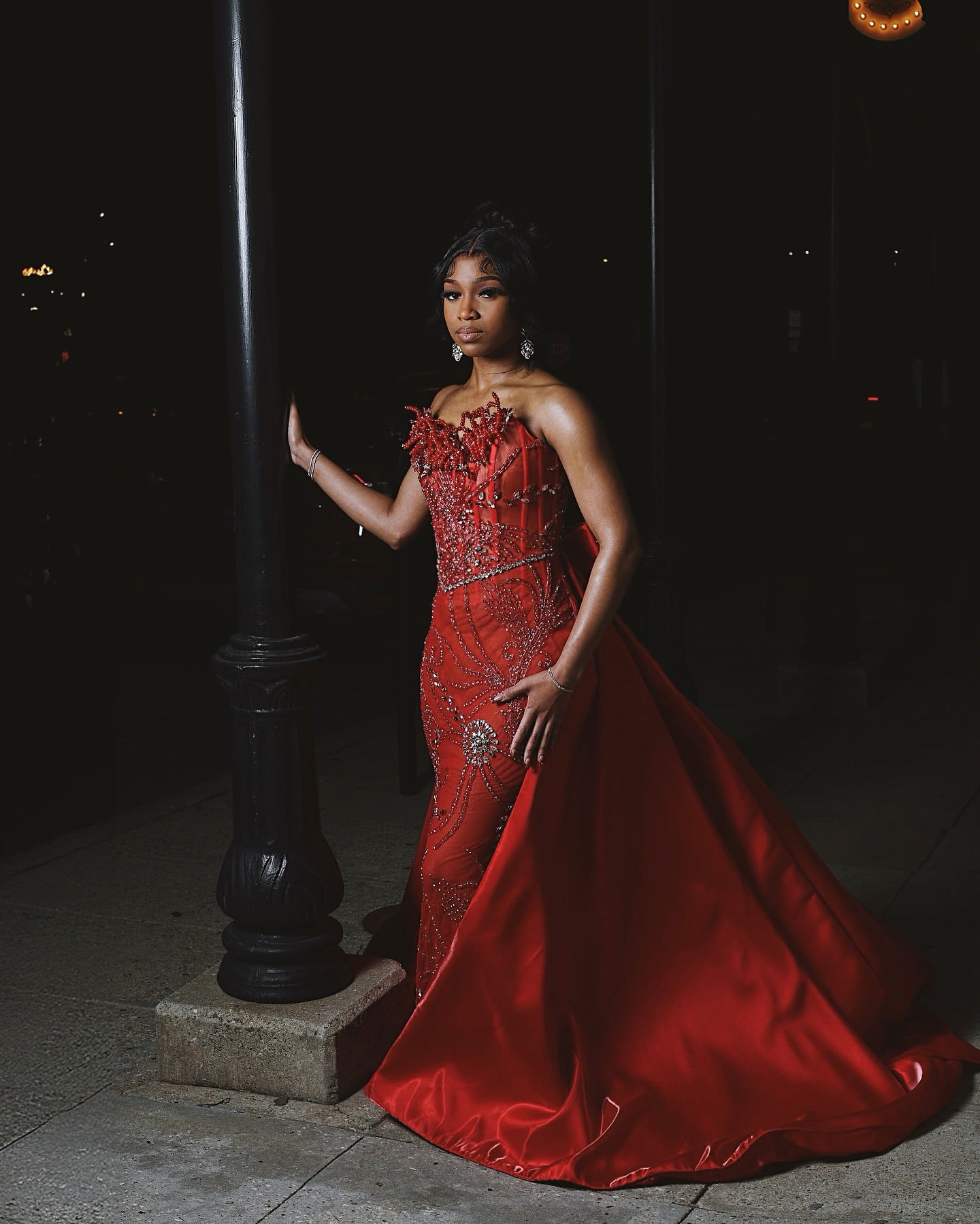 Red Mermaid Prom Dress With Detachable Satin Overskirt 3D Floral Beaded Corset