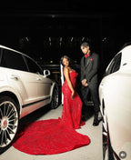 Ruby Heiress Hand Beaded Crimson Mermaid Gown With Crystal Encrusted Hooded Veil