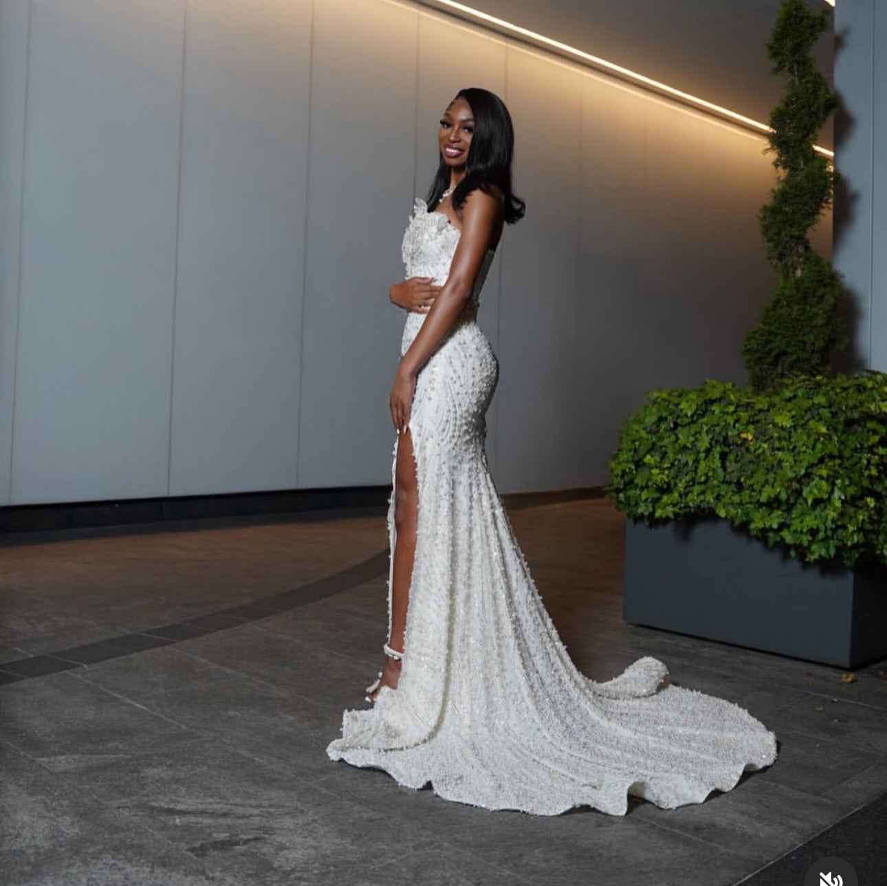 White Enchantment Beaded Floral Mermaid Prom Dress With Crystal Details