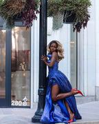 Royal Blue Satin Gown With Detachable Overskirt And High Slit