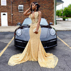 24K Gold Sequined Corset Mermaid Prom Dress With 3D Florals