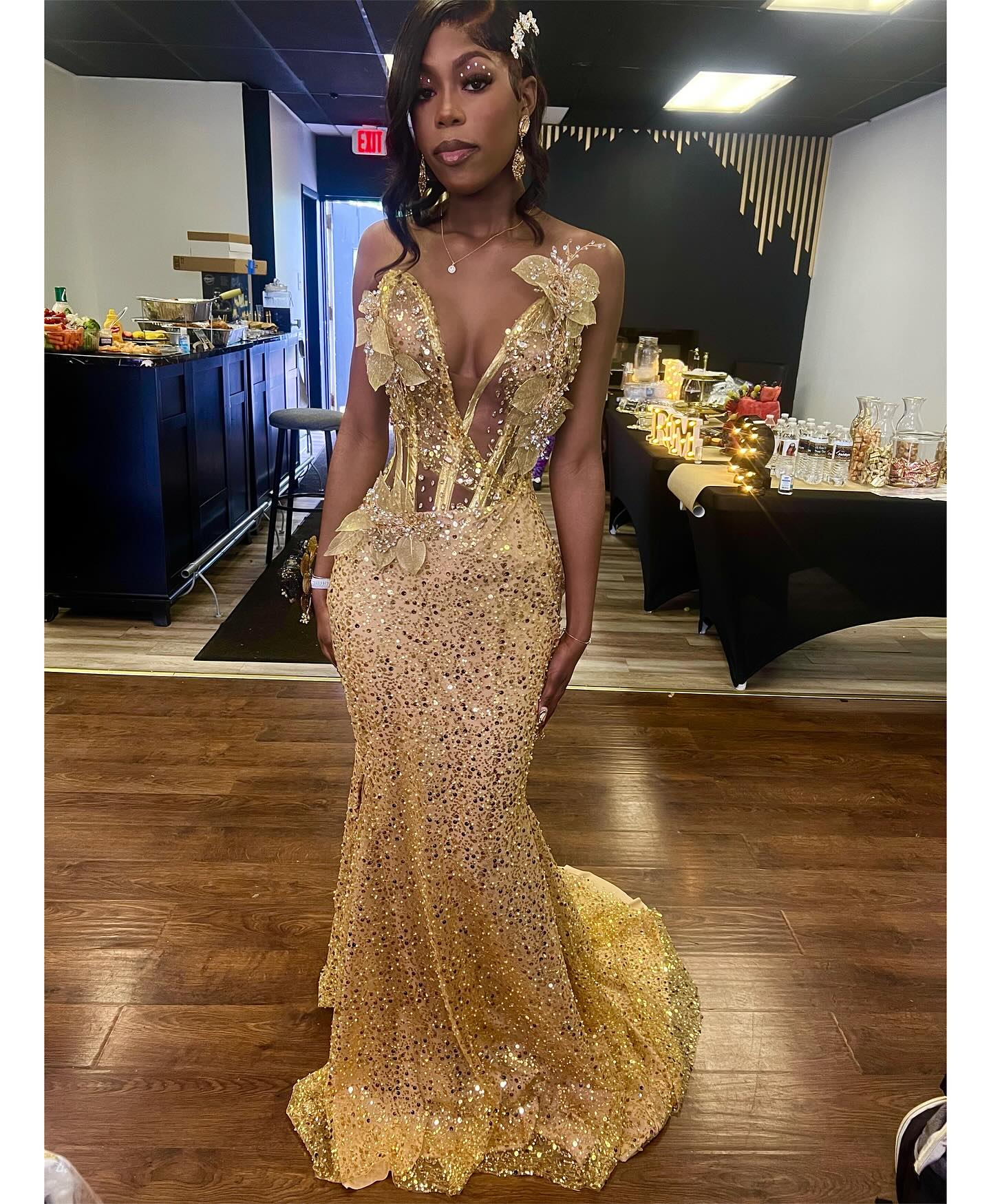 24K Gold Sequined Corset Mermaid Prom Dress With 3D Florals