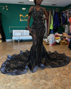 Black Beaded Mermaid Prom Dress With 3D Floral Appliques And Ruffle Train