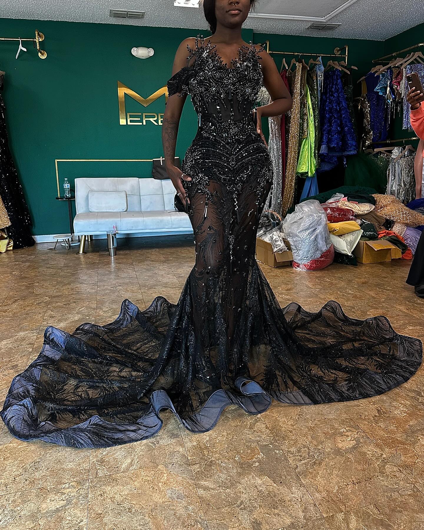 Black Beaded Mermaid Prom Dress With 3D Floral Appliques And Ruffle Train