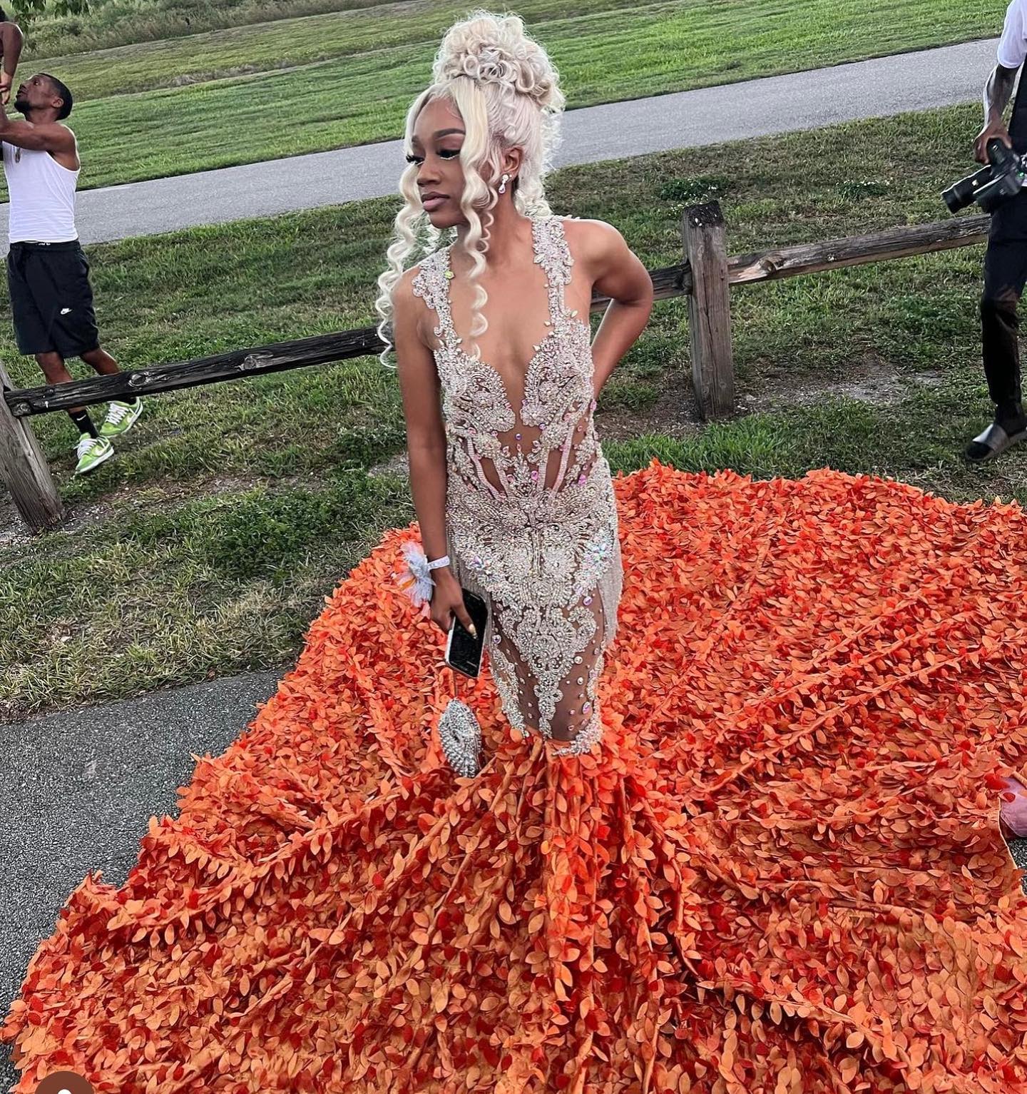 Orange Flame Crystal Beaded Mermaid Prom Dress With Massive 3D Petal Train