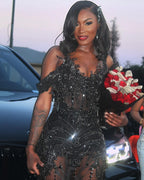 Black Beaded Mermaid Prom Dress With 3D Floral Appliques And Ruffle Train