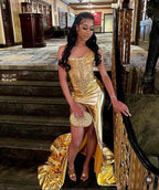 Golden Muse Beaded Satin Mermaid Prom Dress With High Slit