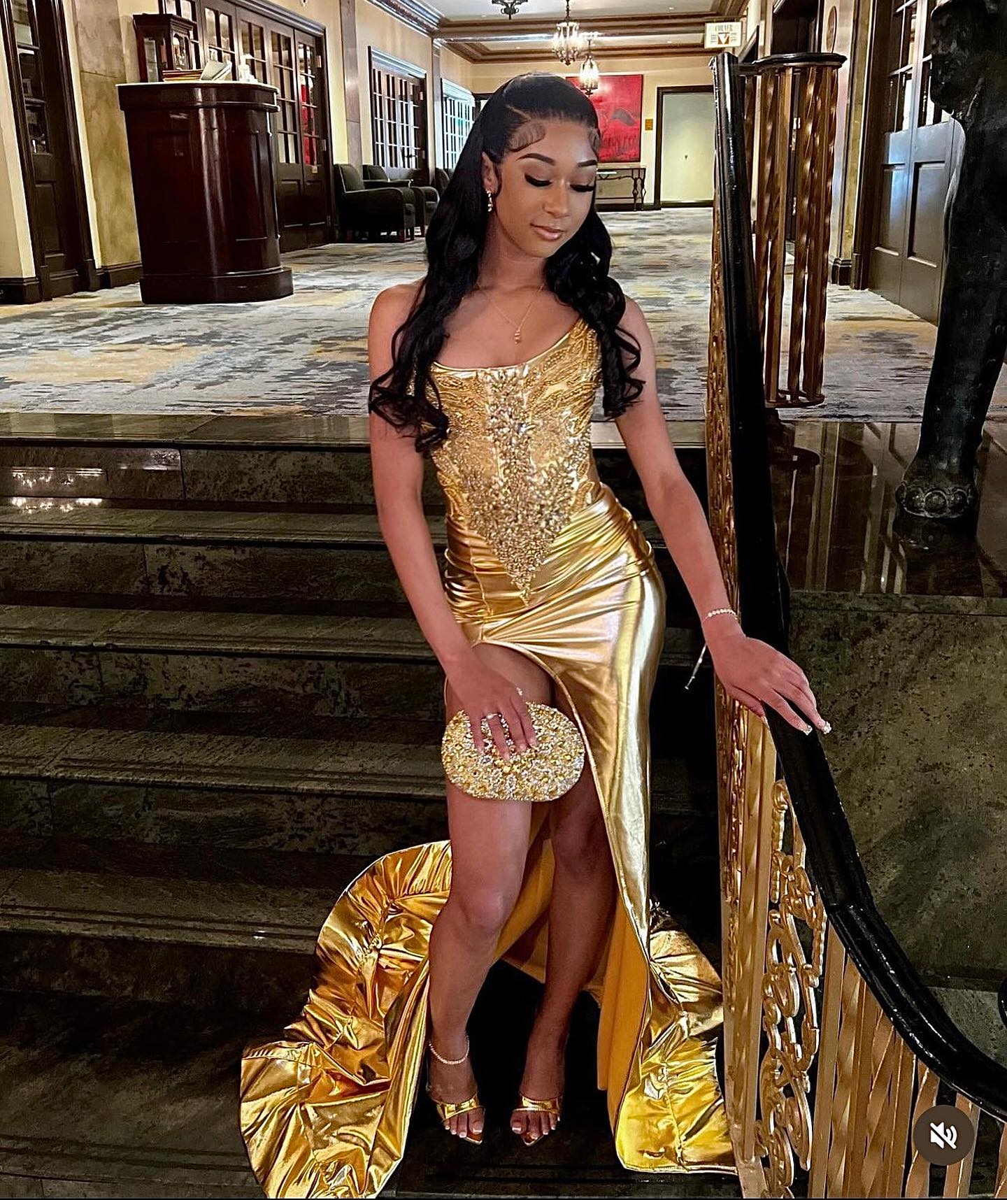 Golden Muse Beaded Satin Mermaid Prom Dress With High Slit