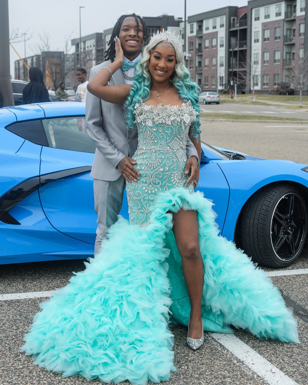 Tiffany Blue Crystal Mermaid Gown With 3D Leaf Bodice And Tiered Prom Dress