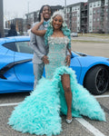 Tiffany Blue Crystal Mermaid Gown With 3D Leaf Bodice And Tiered Prom Dress