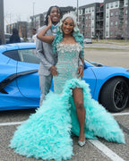 Tiffany Blue Crystal Mermaid Gown With 3D Leaf Bodice And Tiered Prom Dress