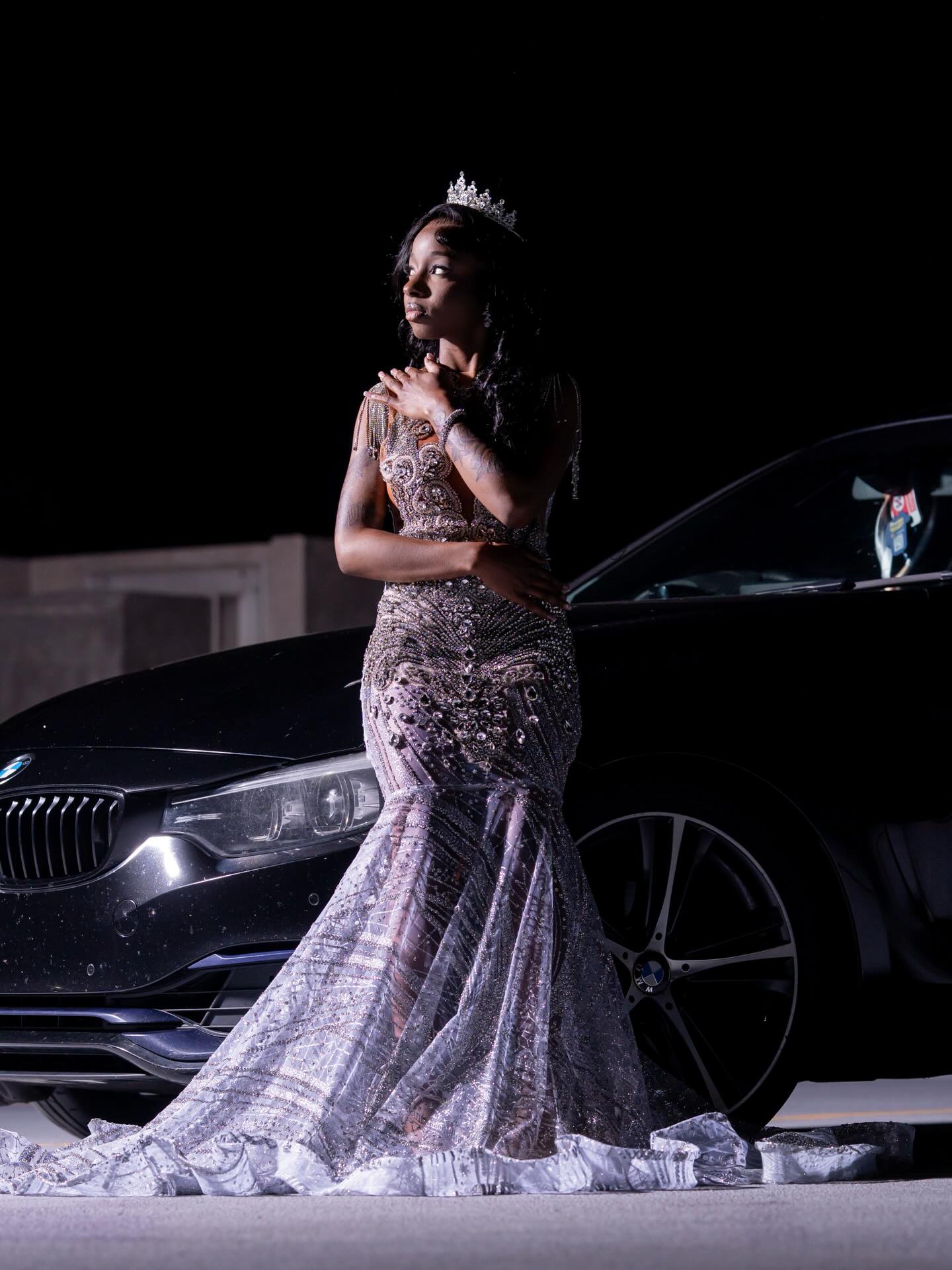 Lavender Mermaid Prom Dress Sheer Sequin Beaded Crystal Fringe Gown