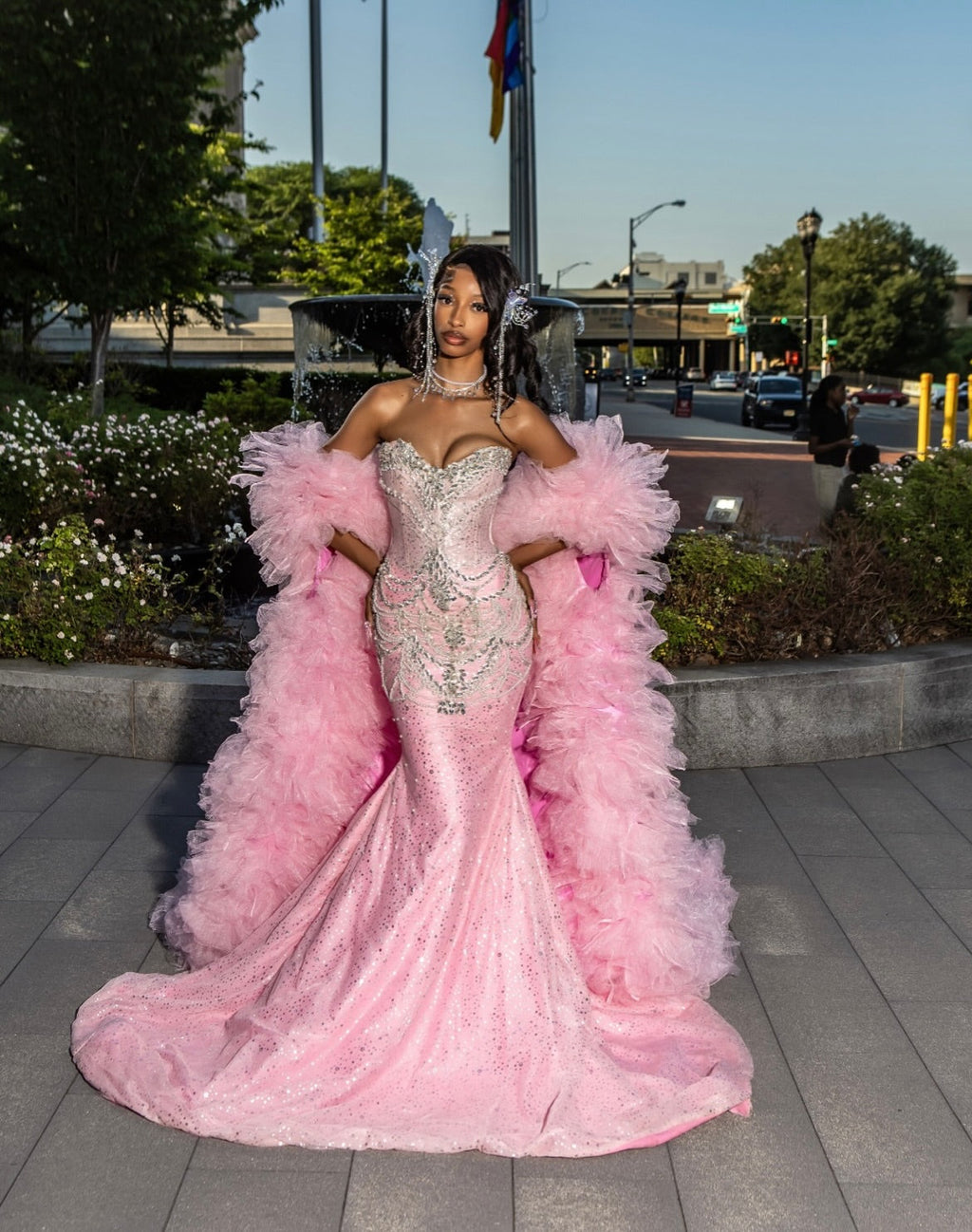 Blush Pink Mermaid Gown With Crystal Beaded And Tulle Overskirt