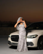 Silver Sequin Crystal Beaded Mermaid Prom Dress With Cape Veil