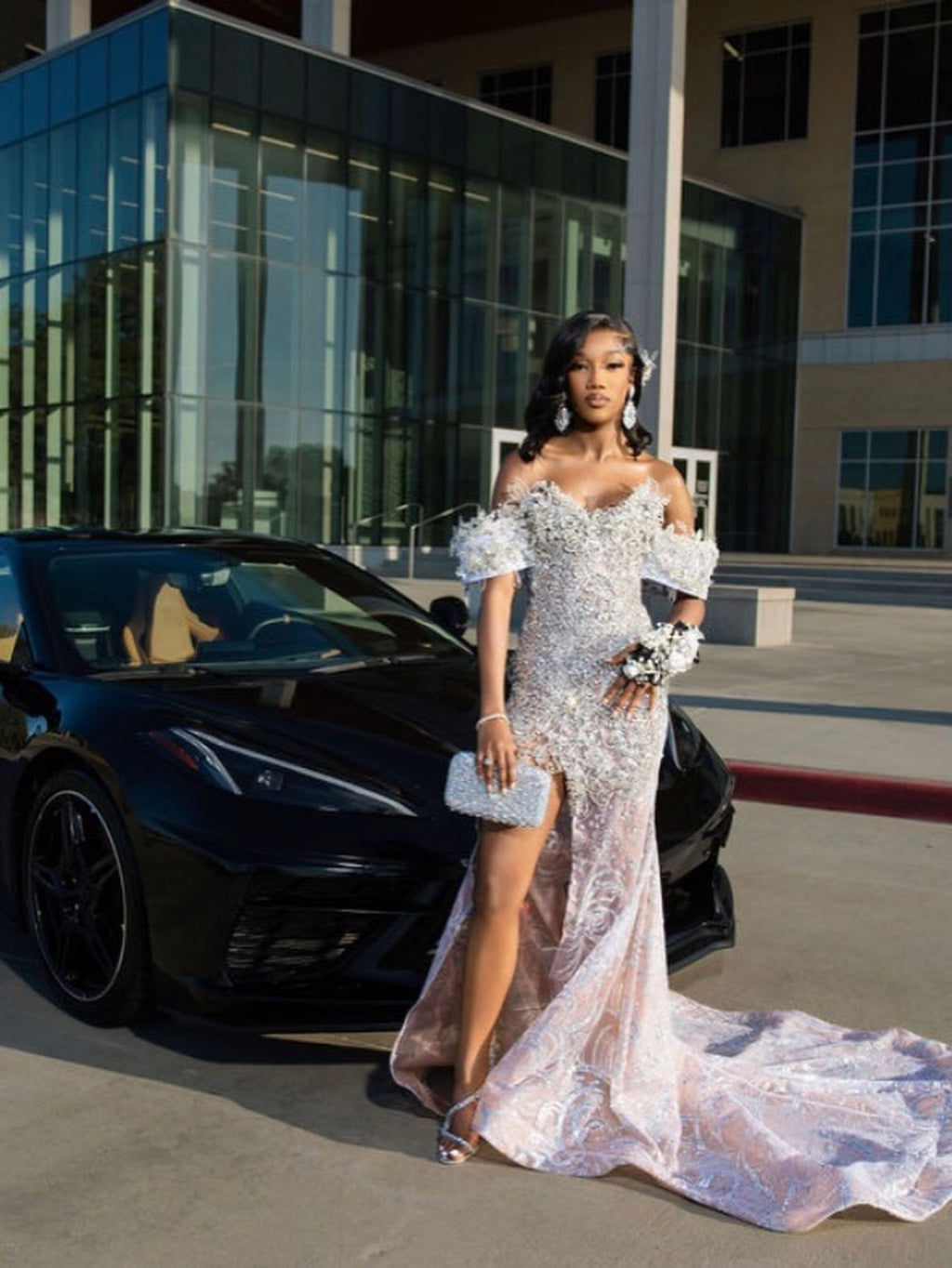 Silver Off Shoulder Sequin Beaded Mermaid Prom Gown With Floral Feathers