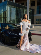Silver Off Shoulder Sequin Beaded Mermaid Prom Gown With Floral Feathers