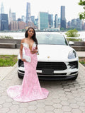 Blush Pink Off Shoulder Beaded Mermaid Gown With Appliques Cathedral Train