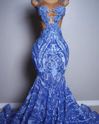 The Ocean Queen Royal Blue Crystal Lace Mermaid Gown Off Shoulder Straps