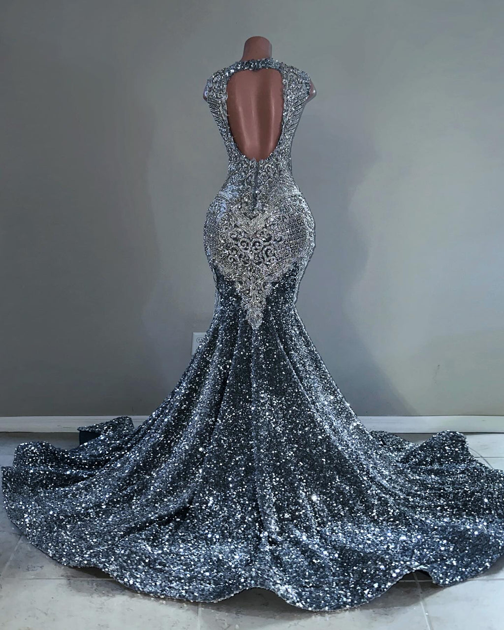 Midnight Starlight 2026 Silver Black Crystal Fringe Mermaid Gown Plunging V Neck