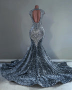 Midnight Starlight 2026 Silver Black Crystal Fringe Mermaid Gown Plunging V Neck