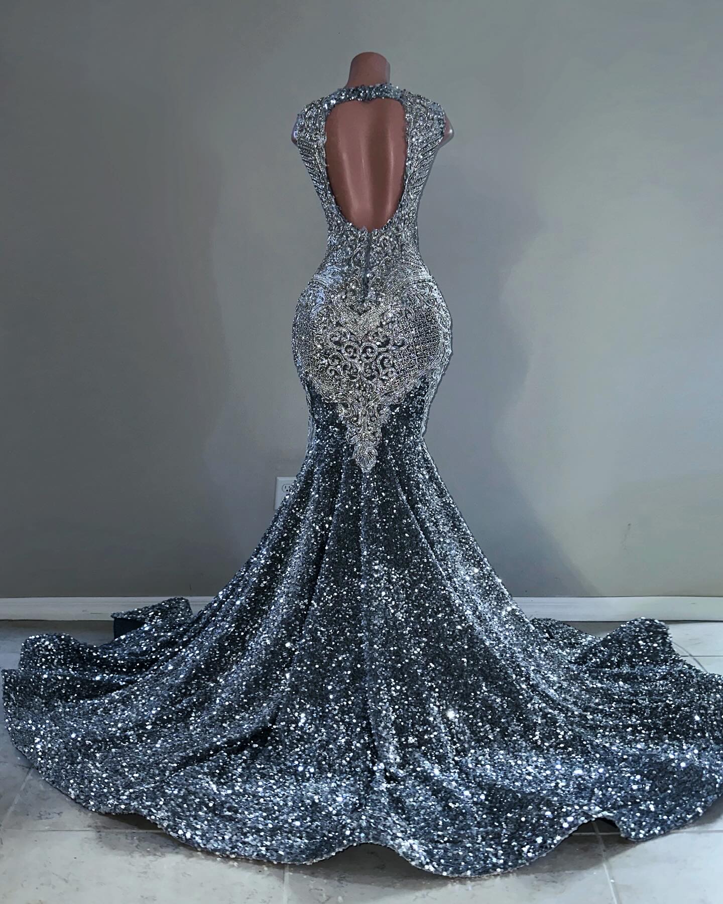 Midnight Starlight 2026 Silver Black Crystal Fringe Mermaid Gown Plunging V Neck