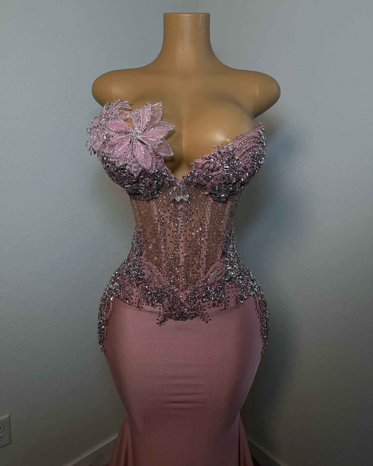 Dusty Rose Beaded Floral Mermaid Prom Dress With Ruffled Train