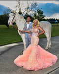 Peach Sunset Crystal Mermaid Gown Off Shoulder Fringe Prom Dress 2026