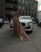 Rose Gold Beaded Mermaid Prom Dress With Long Sleeves And High Slit