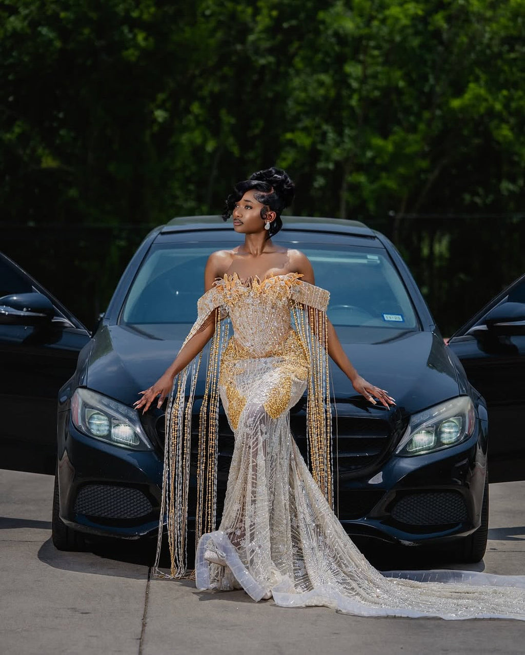 Champagne Gold Beaded Mermaid Gown Off Shoulder Dramatic Fringe Cape Mesh Panels