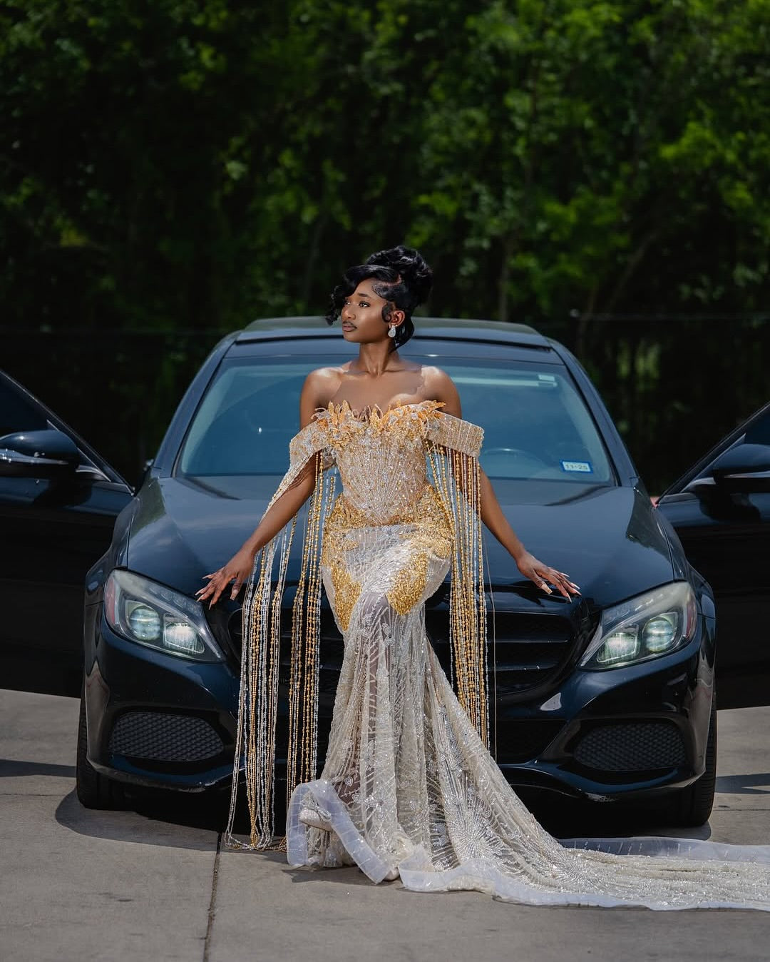Champagne Gold Beaded Mermaid Gown Off Shoulder Dramatic Fringe Cape Mesh Panels