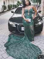 Emerald Green Sequin Prom Dress With Detachable Sleeves And Sweetheart Neckline