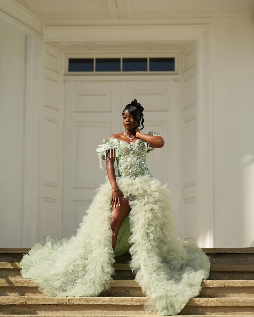 Mint Green Off Shoulder Sequin Beaded Prom Dress With 3D Leaf Applique Train