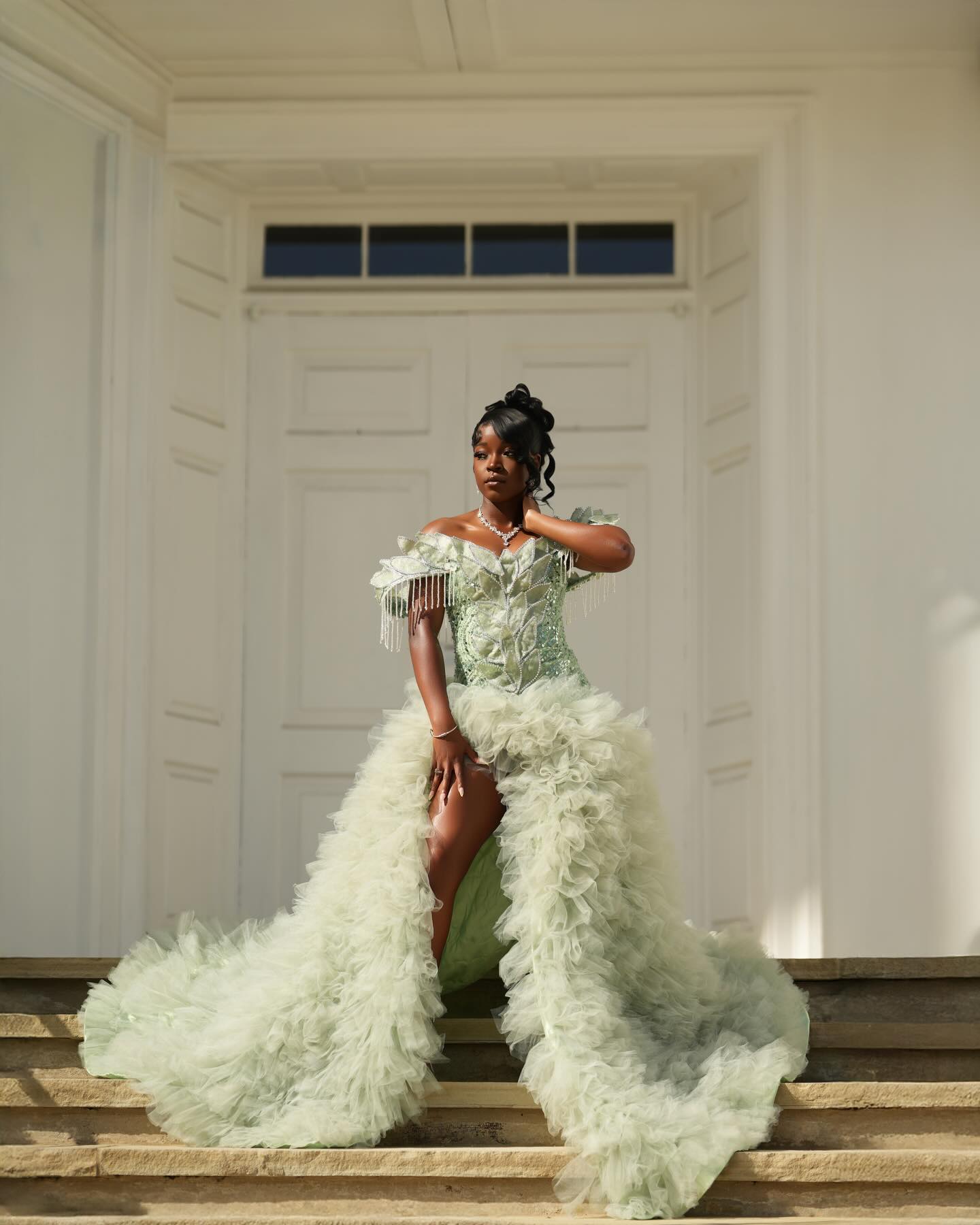 Mint Green Off Shoulder Sequin Beaded Prom Dress With 3D Leaf Applique Train