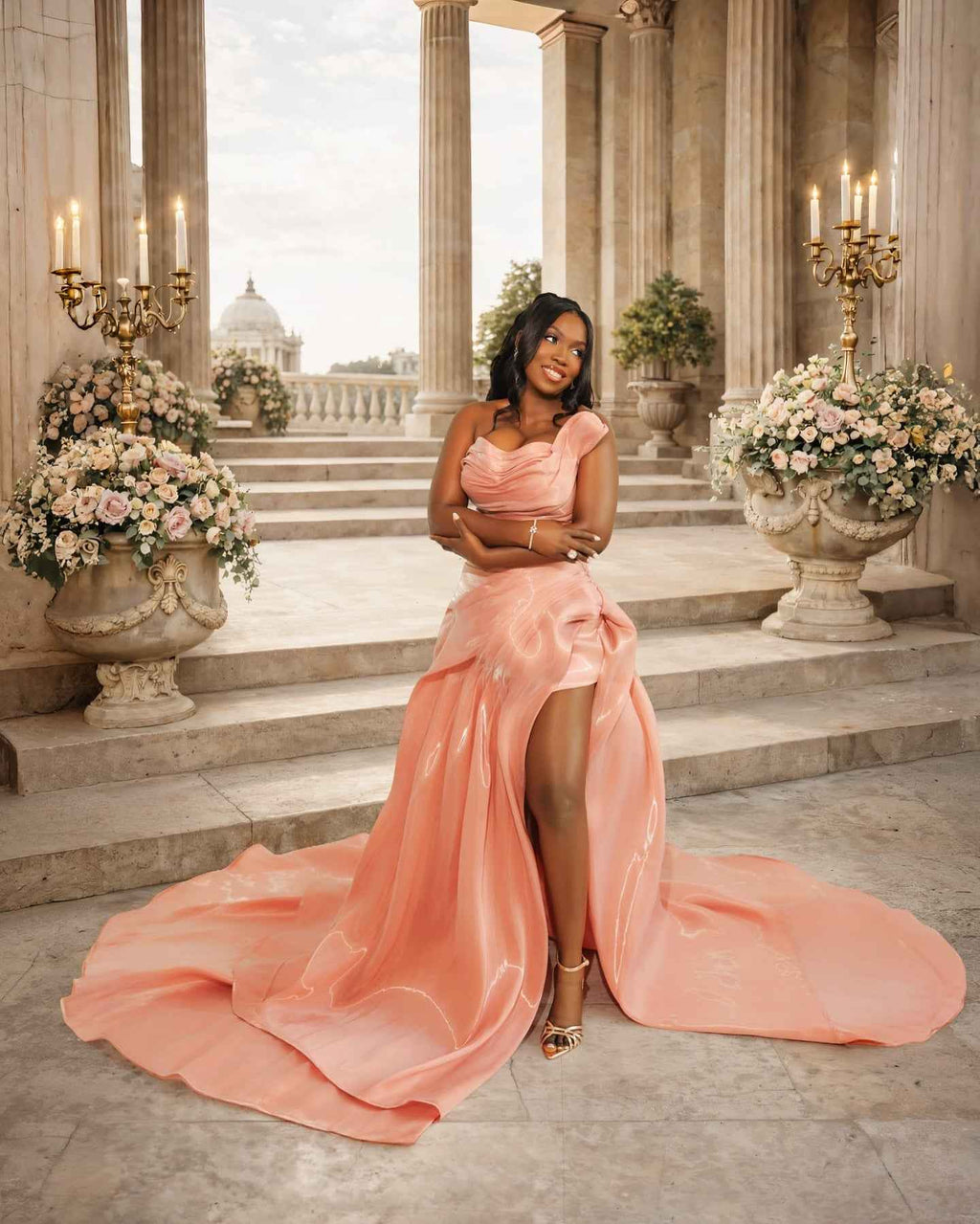 Coral Sunset Draped Satin Mermaid Prom Dress With High Slit