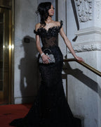 Luxury Sequin Mermaid Prom Dress Illusion Corset Bodice 3D Beaded Lace Shoulder