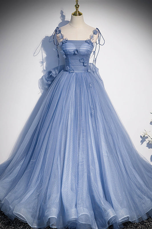 Tüll Langes A-Linien-Ballkleid Blaues Spaghettiträger-Partykleid mit Schleife