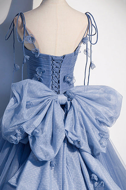 Tüll Langes A-Linien-Ballkleid Blaues Spaghettiträger-Partykleid mit Schleife
