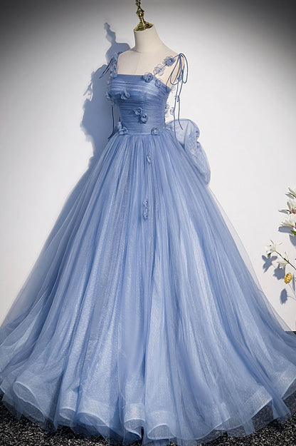 Tüll Langes A-Linien-Ballkleid Blaues Spaghettiträger-Partykleid mit Schleife