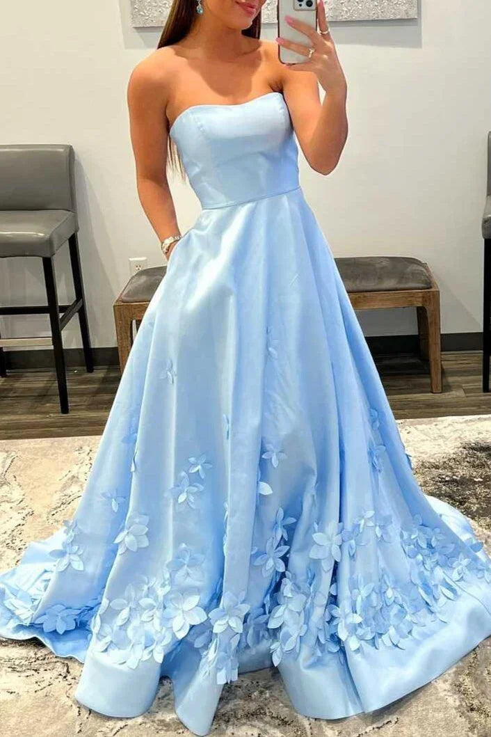 Vestido de Baile Azul Claro com Flores 3D, Sem Alças, Corte em A