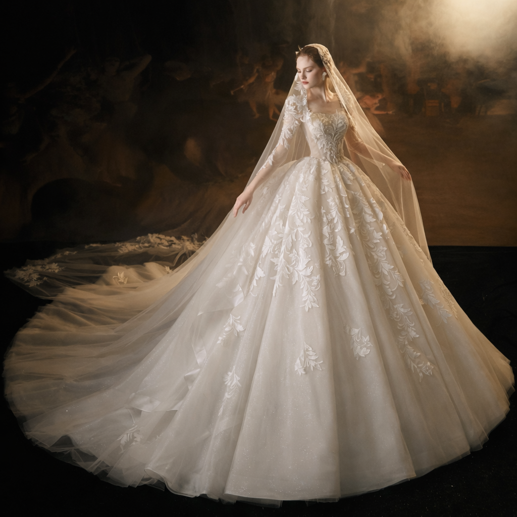 2026 New Court Wedding Dress, Long Sleeve Lace Lace-up Big Train, Bridal Main Wedding Gown