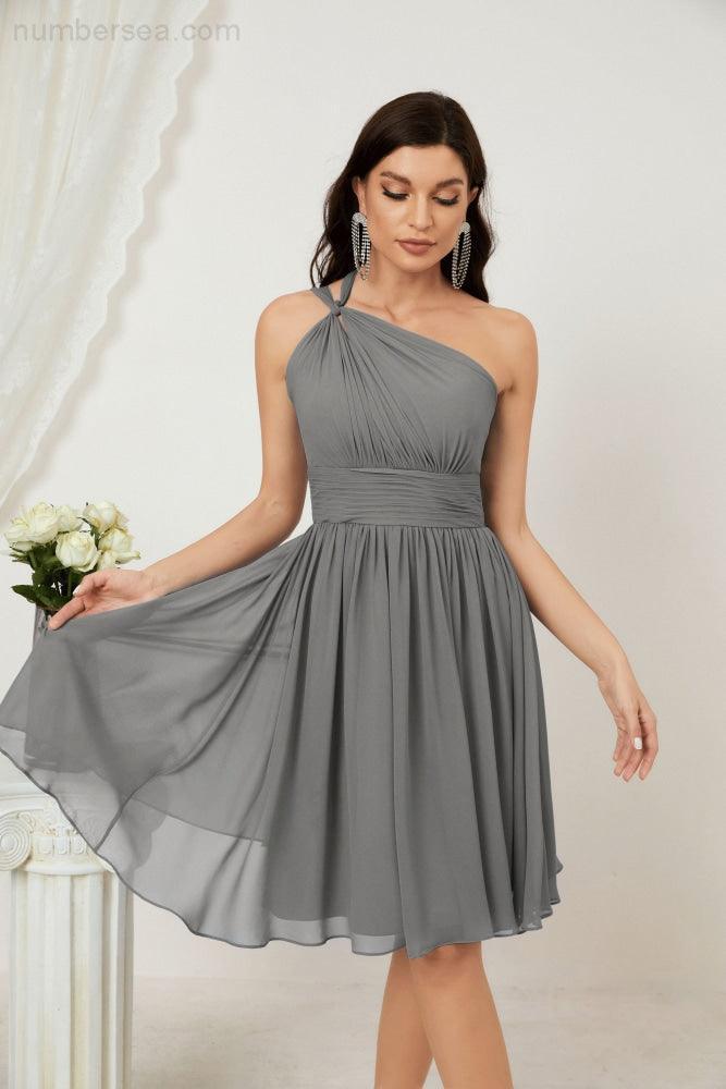 Numbersea Damen Chiffon Kurzes Ein-Schulter Brautjungfernkleid Festliche Kleider für Feier Heimkehr 2804