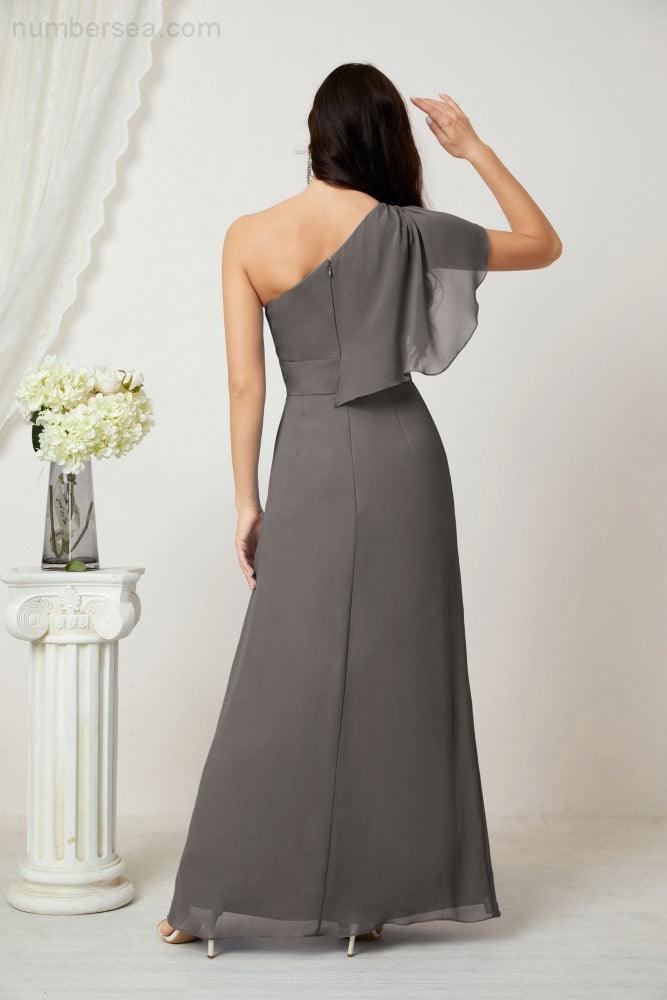 Abito da Sera Formale A-line con Spalla Singola e Balze in Chiffon, Spacco Laterale, per Damigelle, Modello 2809