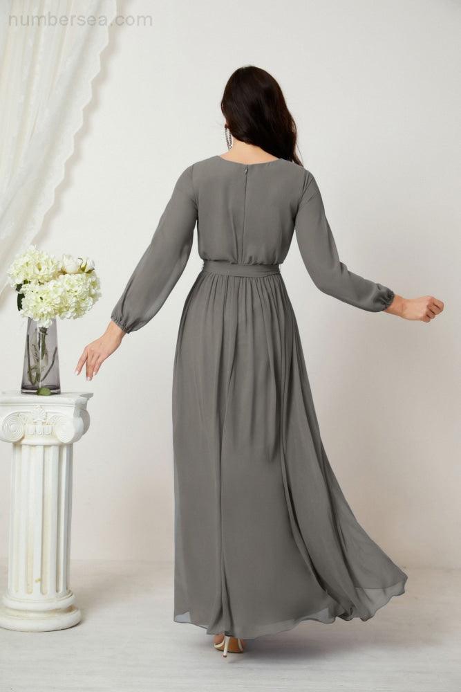فساتين سهرة نمبرسيا بياقة على شكل حرف V عميقة من الشيفون فساتين وصيفات العروس بأكمام طويلة واسعة وشق جانبي فستان رسمي 2806