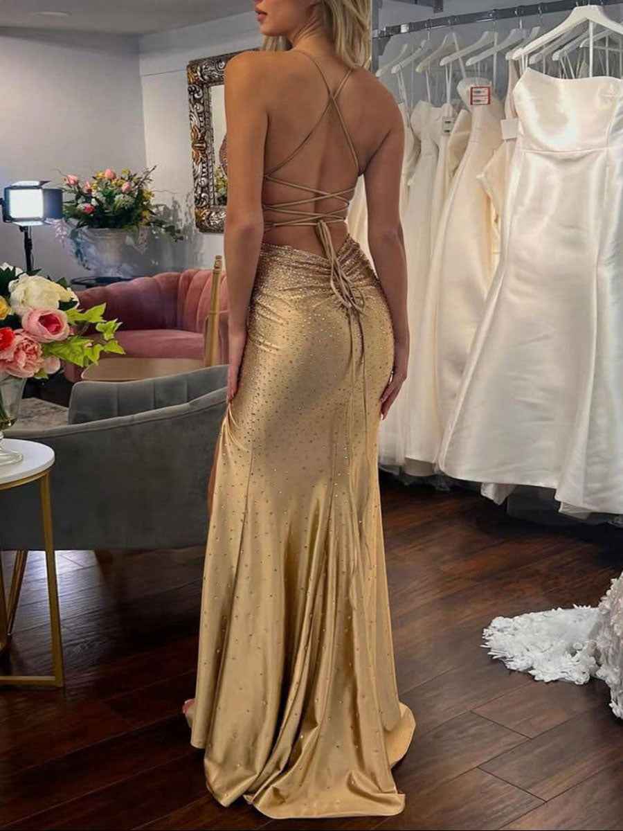 Gold Mermaid V Neck Satin Prom Dress With Slit Rhinestone Embellished