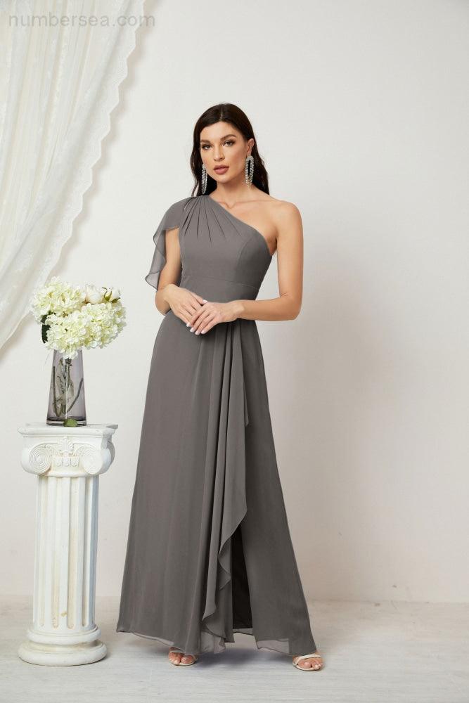Abito da Sera Formale A-line con Spalla Singola e Balze in Chiffon, Spacco Laterale, per Damigelle, Modello 2809