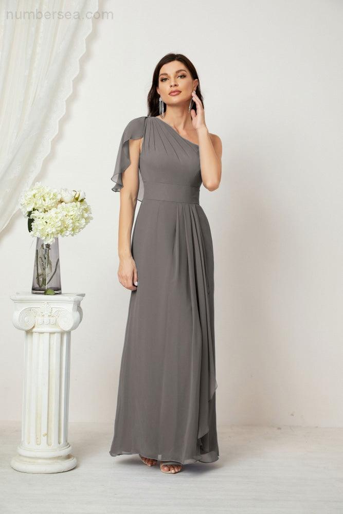 Abito da Sera Formale A-line con Spalla Singola e Balze in Chiffon, Spacco Laterale, per Damigelle, Modello 2809