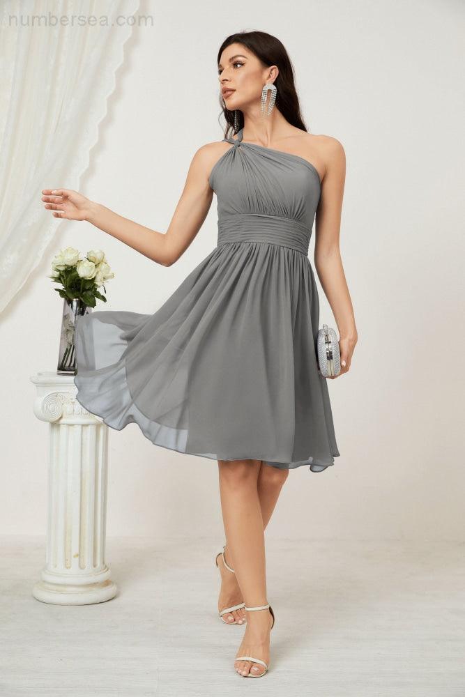 Numbersea Damen Chiffon Kurzes Ein-Schulter Brautjungfernkleid Festliche Kleider für Feier Heimkehr 2804