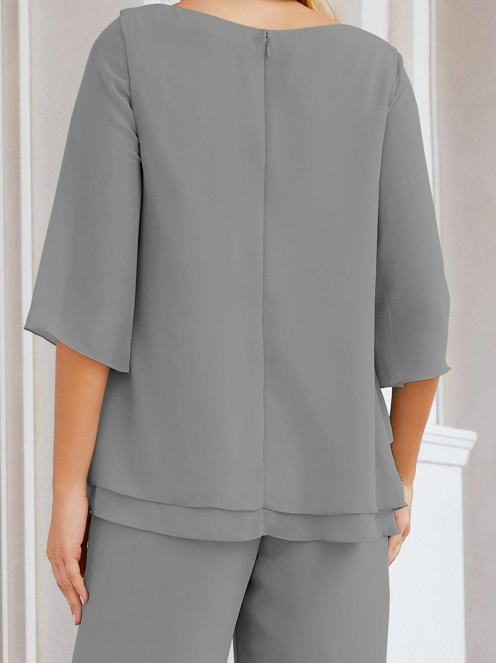 Robe de mariée élégante pour la mère de la mariée en deux pièces, tailleur pantalon grande taille à volants superposés, peignoir argenté 28064