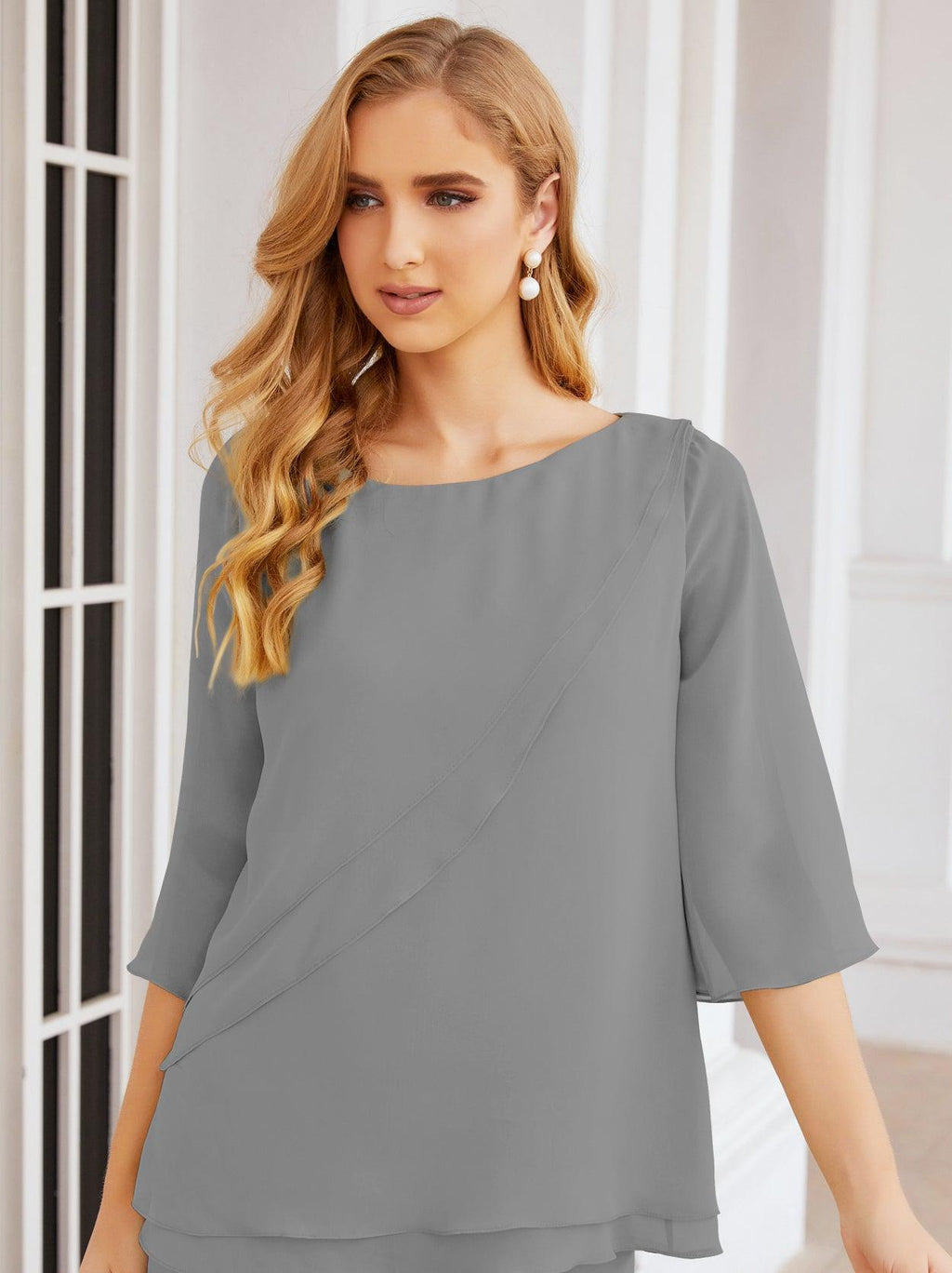 Robe de mariée élégante pour la mère de la mariée en deux pièces, tailleur pantalon grande taille à volants superposés, peignoir argenté 28064
